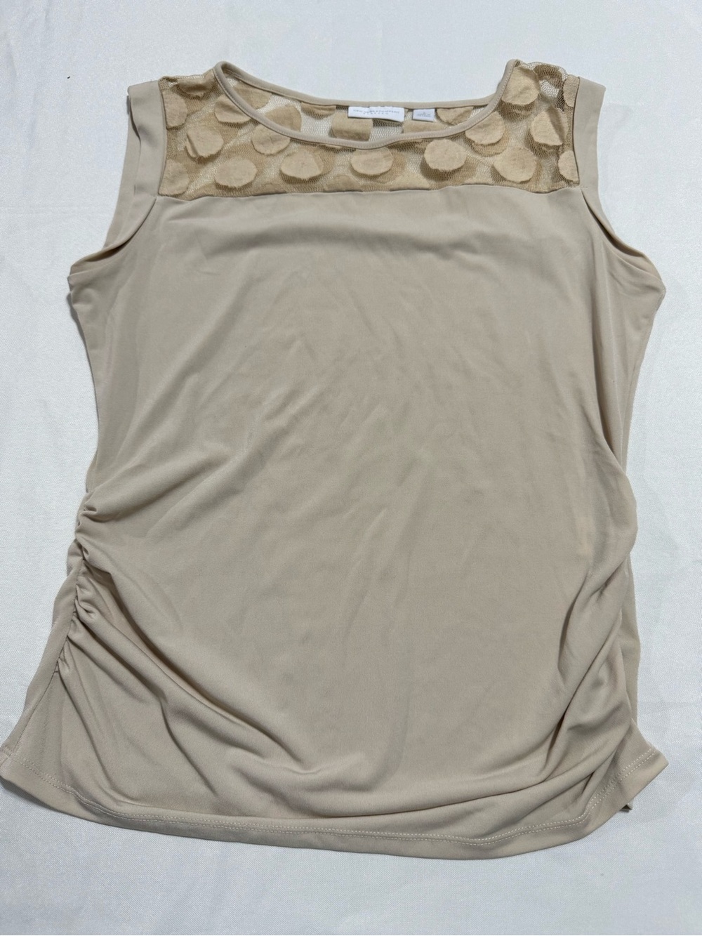 Neutral Polka Dot Mesh Yoke Tank Chic Minimalist Blouse